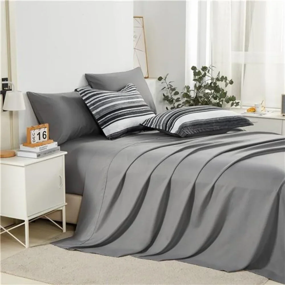 7 Piece Bed in a Bag Stripe Comforter Set Queen Size, White Grey Black Patchwork